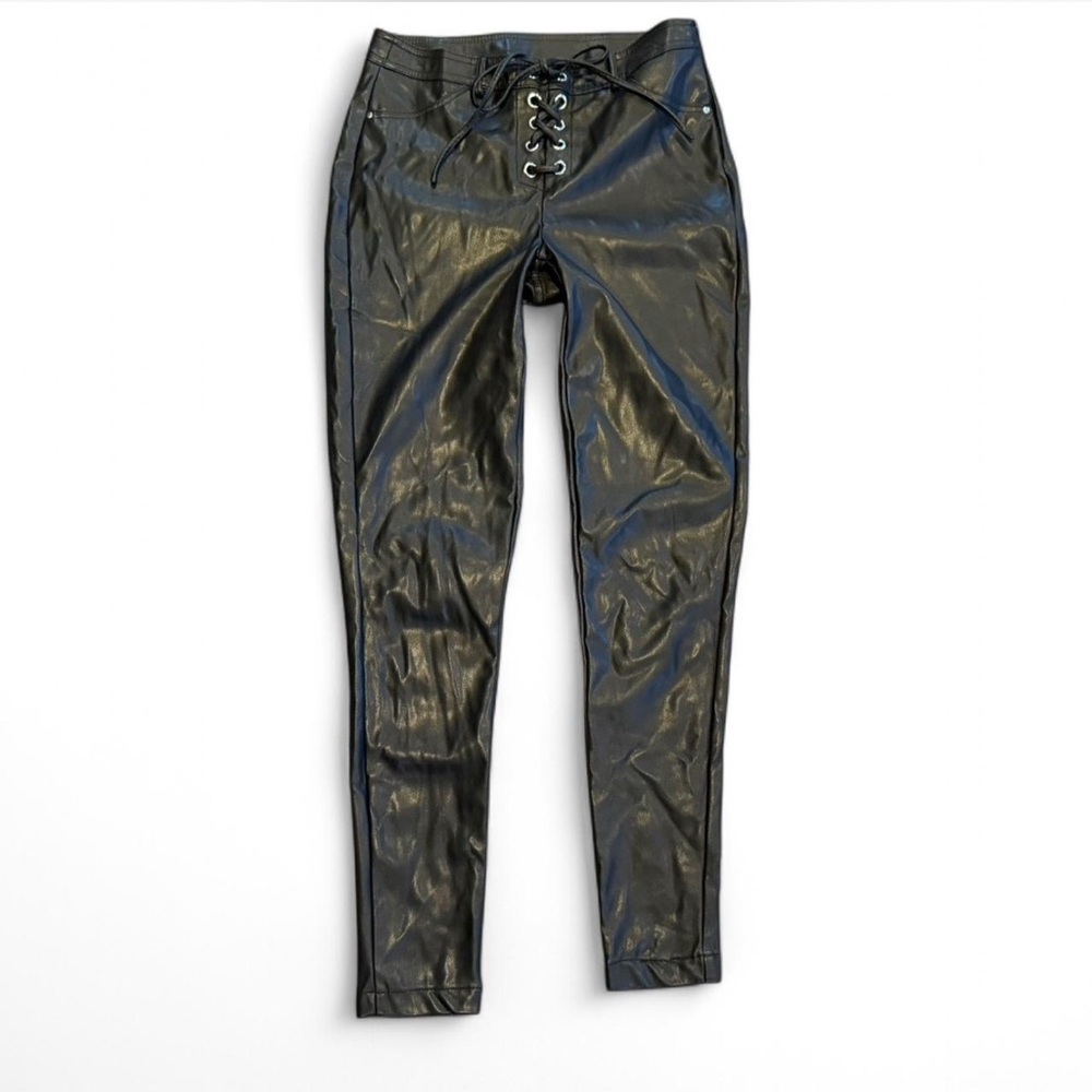Black faux leather lace up pants